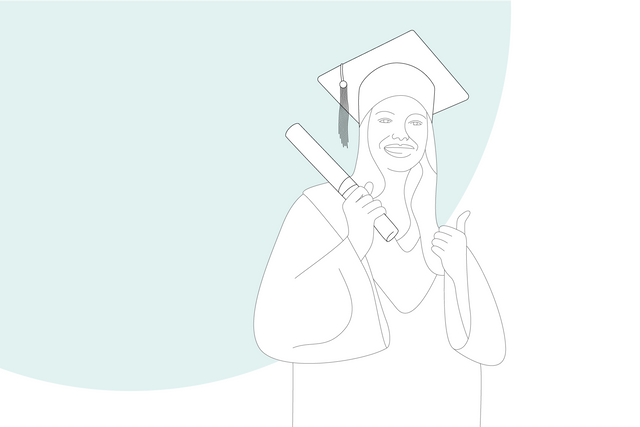 Graphic illustration: student holding certificate in her hand