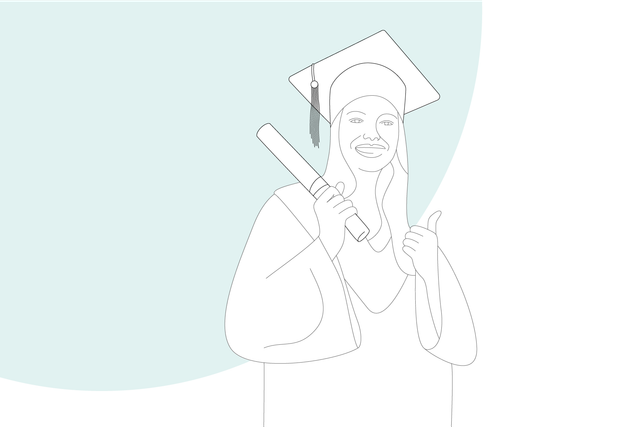 Grafische Darstellung: Studentin hält ihr Diplom in der Hand