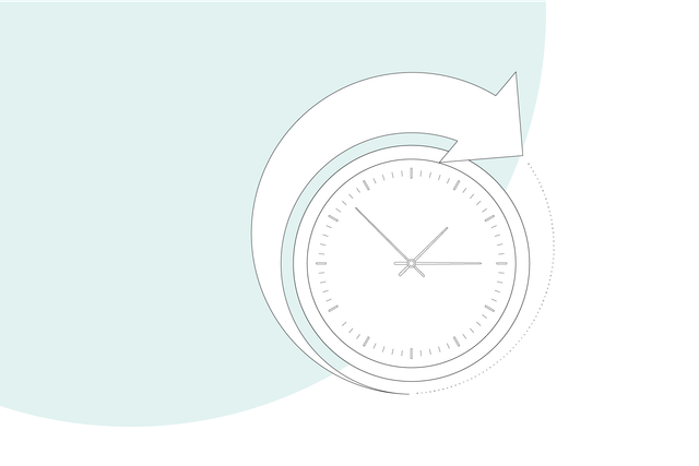Graphical illustration: Clock with arrow clockwise, representation for around the clock