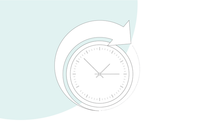Graphical illustration: Clock with arrow clockwise, representation for around the clock