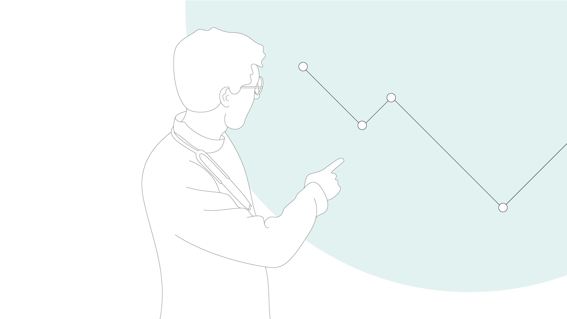 Graphic illustration: A data curve can be seen in the background. A scientist stands in front of it and looks at it