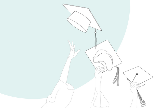 Graphic illustration: students throwing their hats in the air