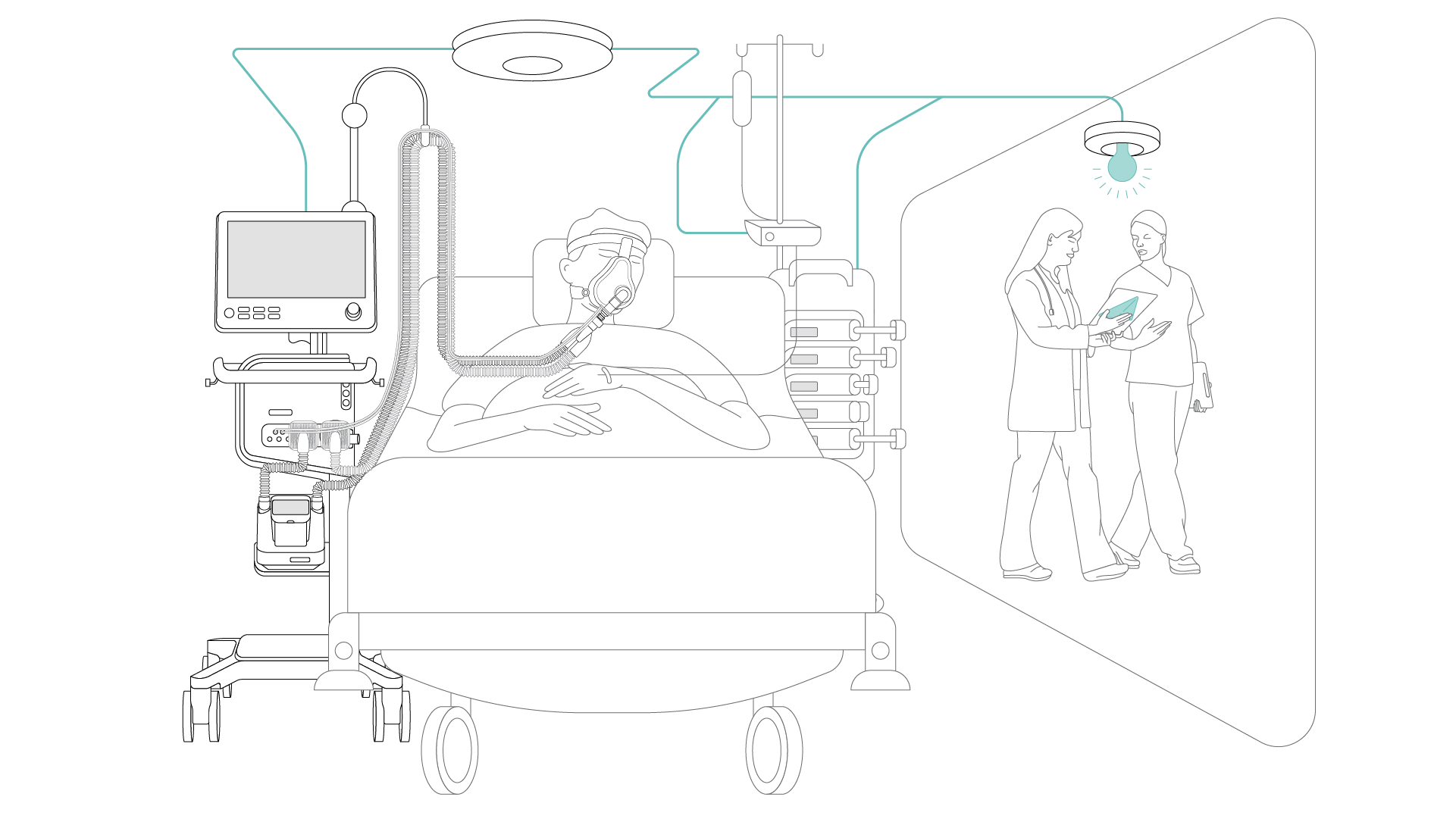 Ilustración: paciente que recibe ventilación. La alarma se muestra en la estación del personal de enfermería.