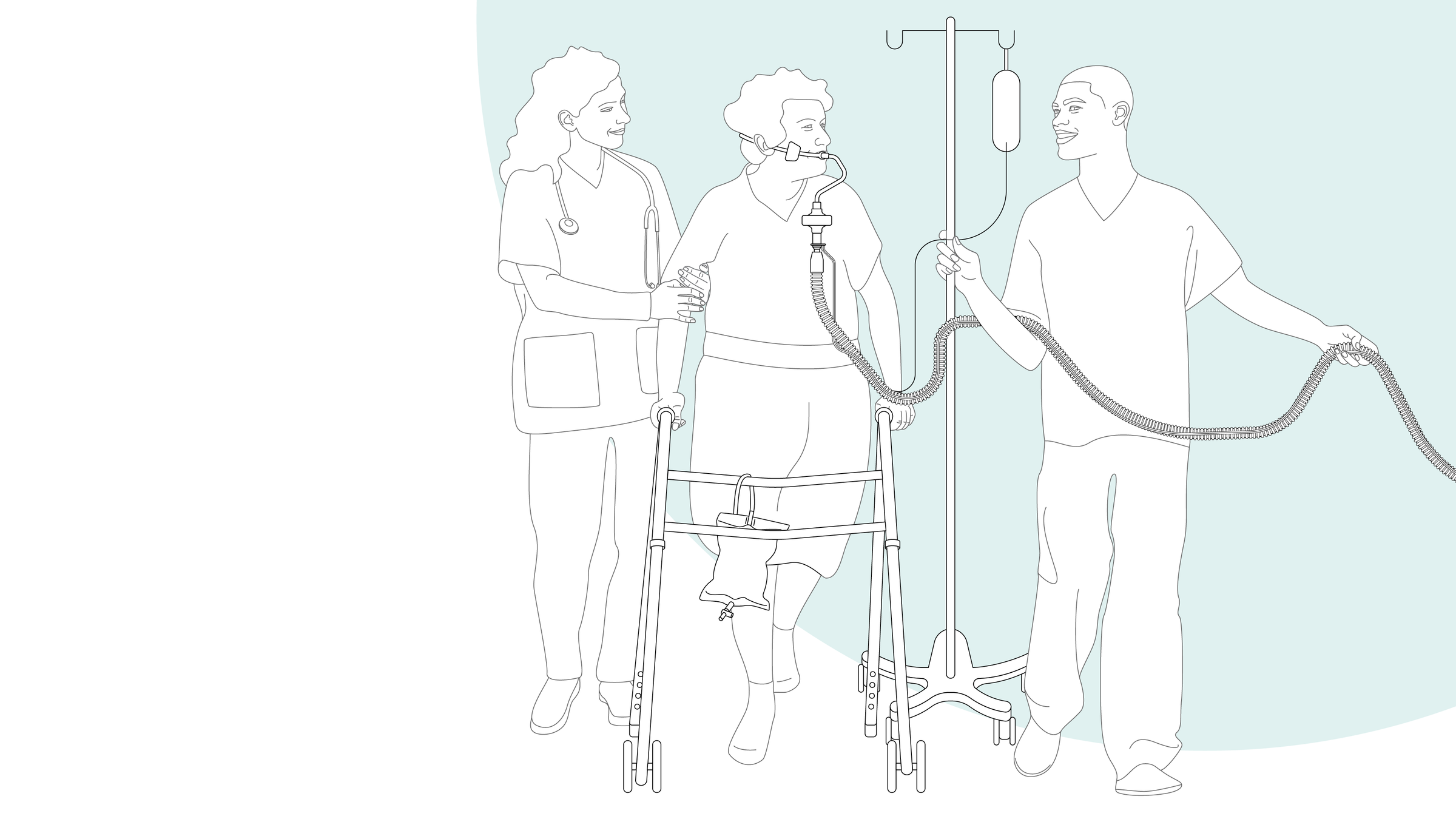Illustrazione: personale infermieristico che aiuta i pazienti intubati a camminare.