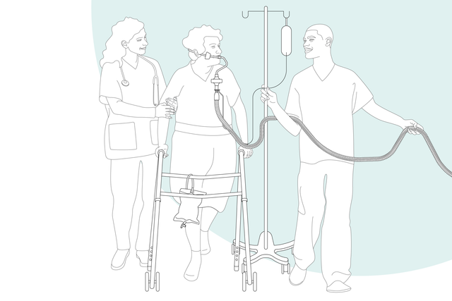 Graphic illustration: two nurses assist intubated patients with walking