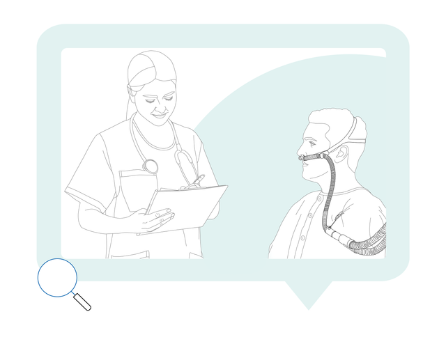 Lineart image of patient with nasal cannula and nurse writing