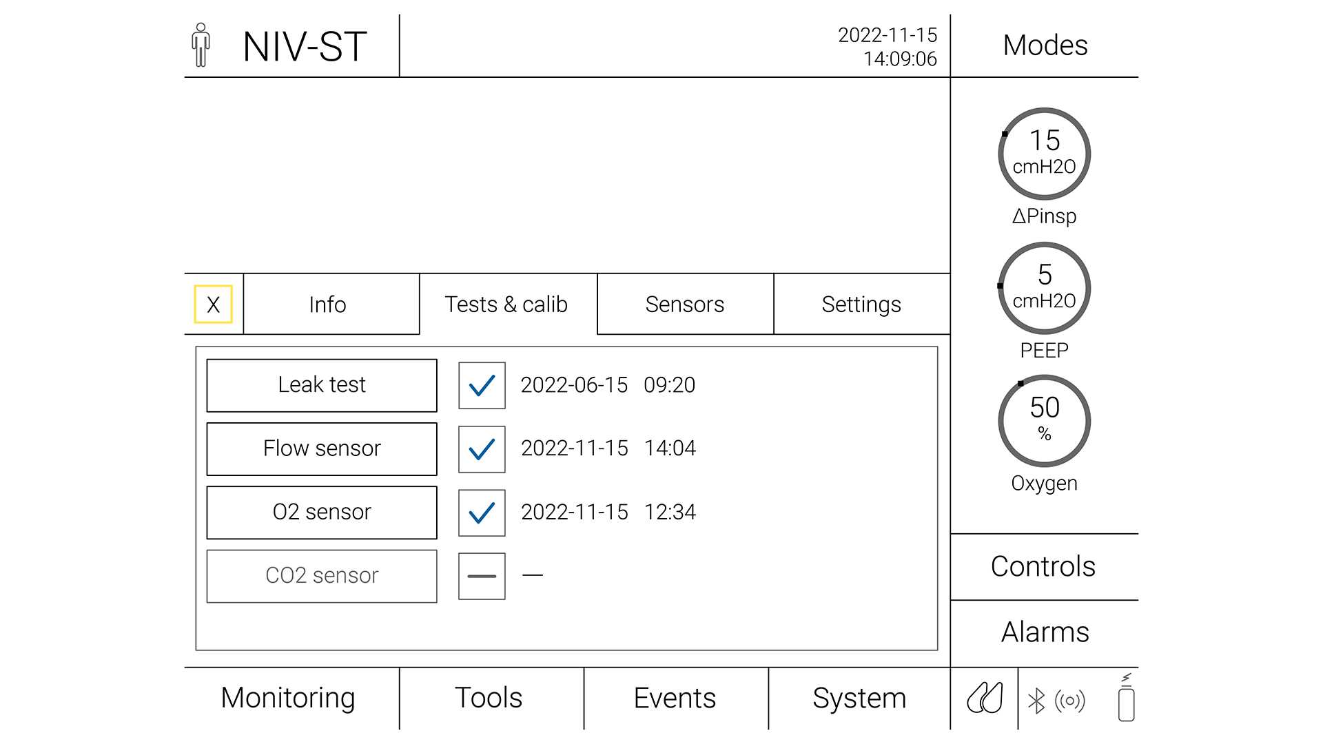 Illustration of a ventilator screen with the test and calibration for NIV-ST