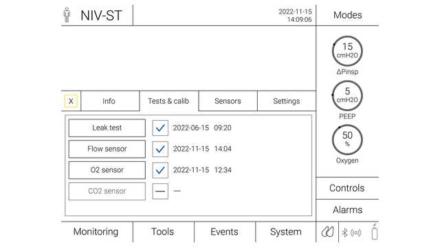 Illustration of a ventilator screen with the test and calibration for NIV-ST