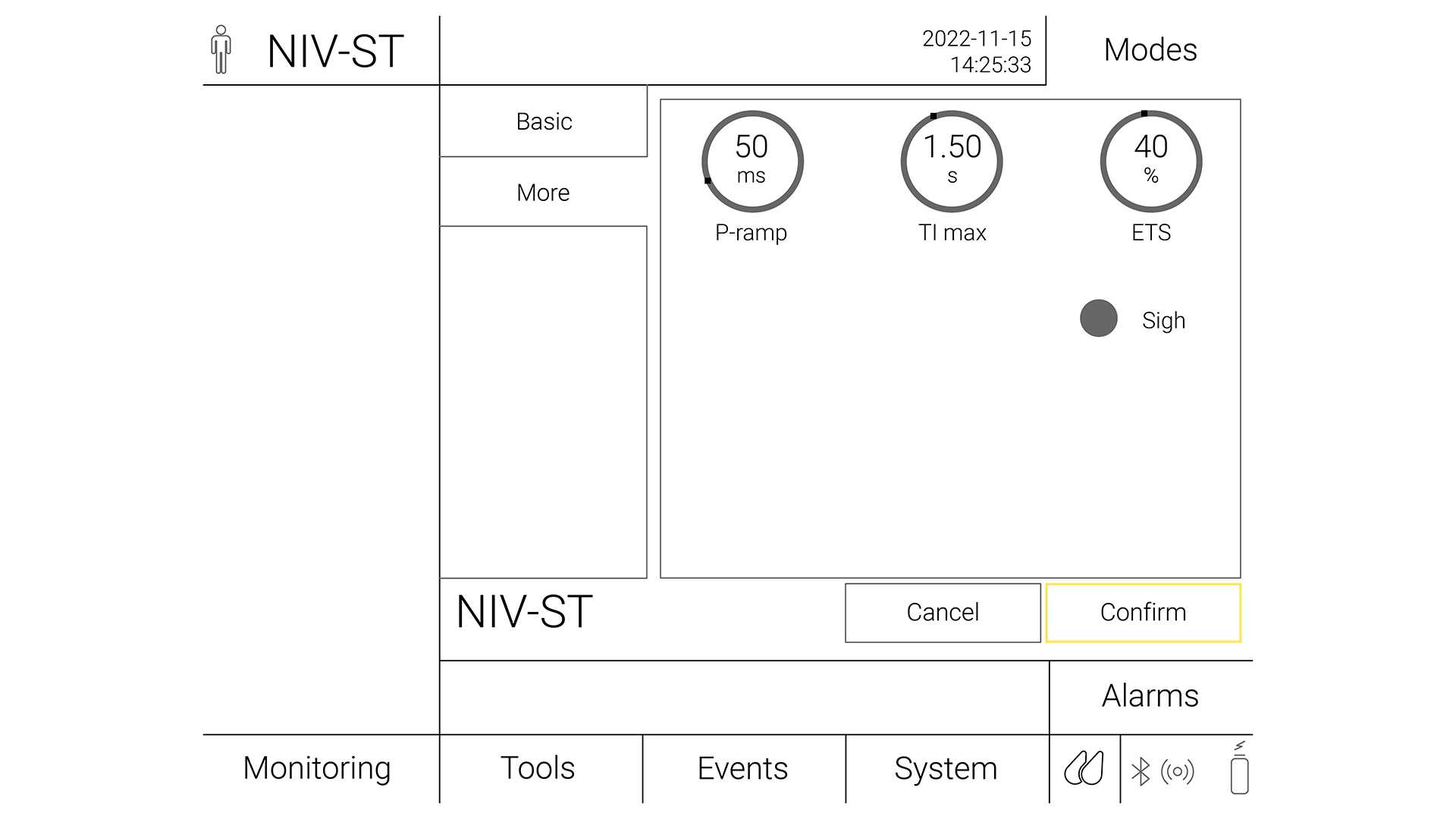 Illustration of a ventilator screen settings for ETS and Pramp for NIV-ST