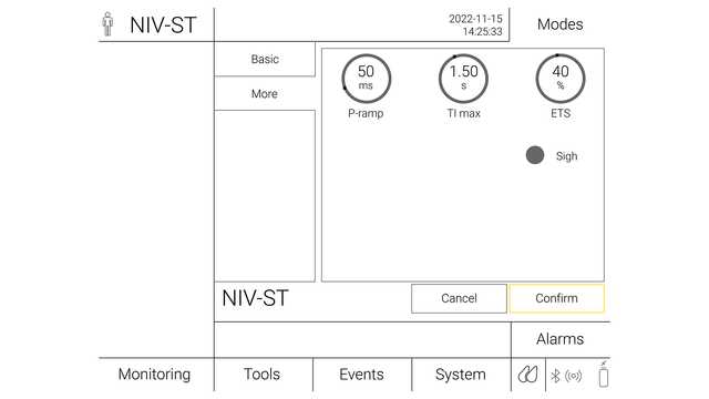 Illustration of a ventilator screen settings for ETS and Pramp for NIV-ST