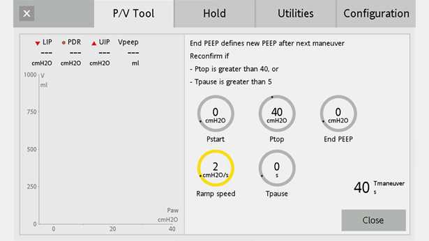 Screenshot of ventilator display showing P/V Tool settings