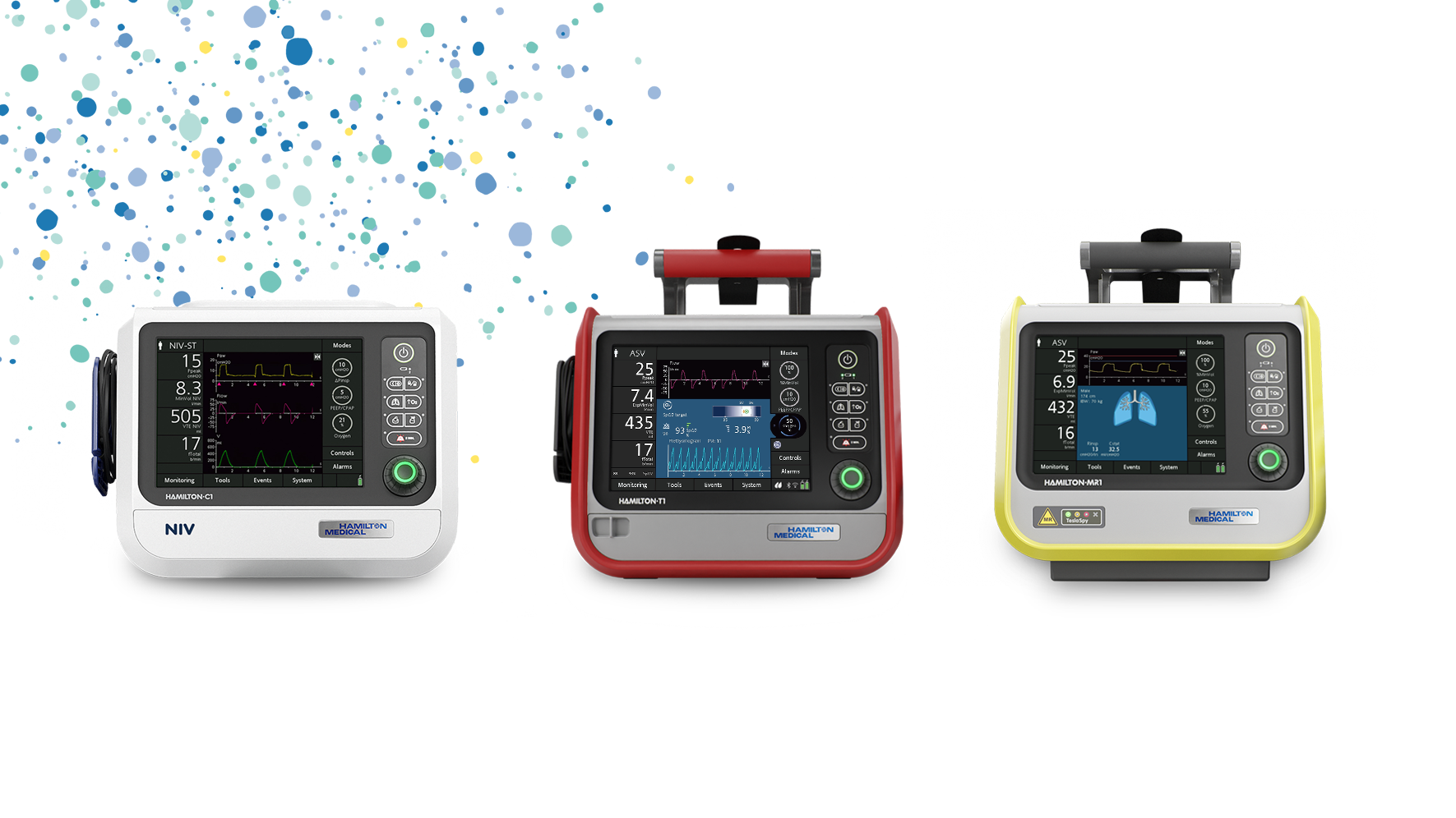 Photo of the HAMILTON-C1, HAMILTON-T1 and HAMILTON-MR1 side-by-side