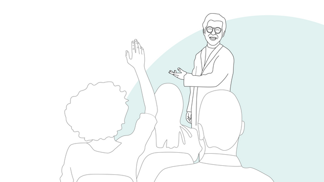 Graphic illustration: instructor stands in front of his students