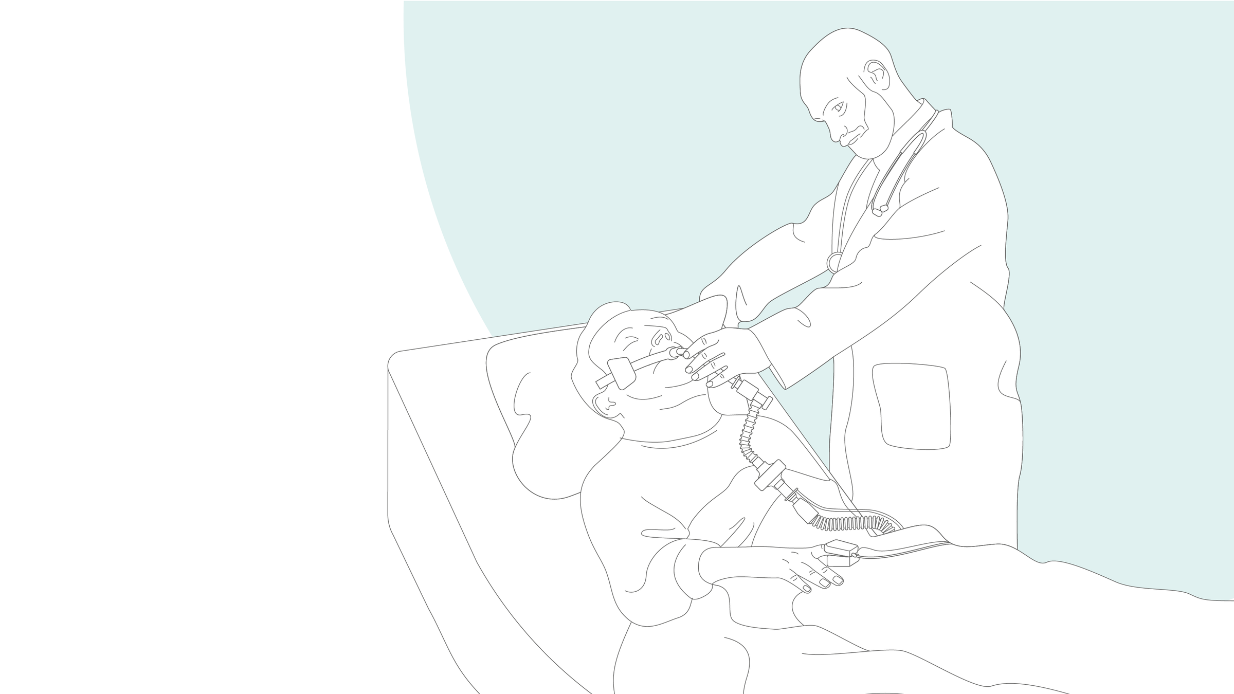 Ilustración gráfica: un paciente intubado con un médico junto a su cama