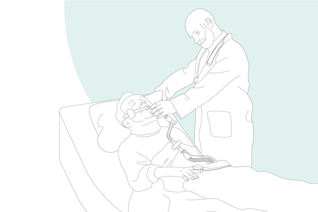 Graphic illustration: an intubated patient with a doctor beside them
