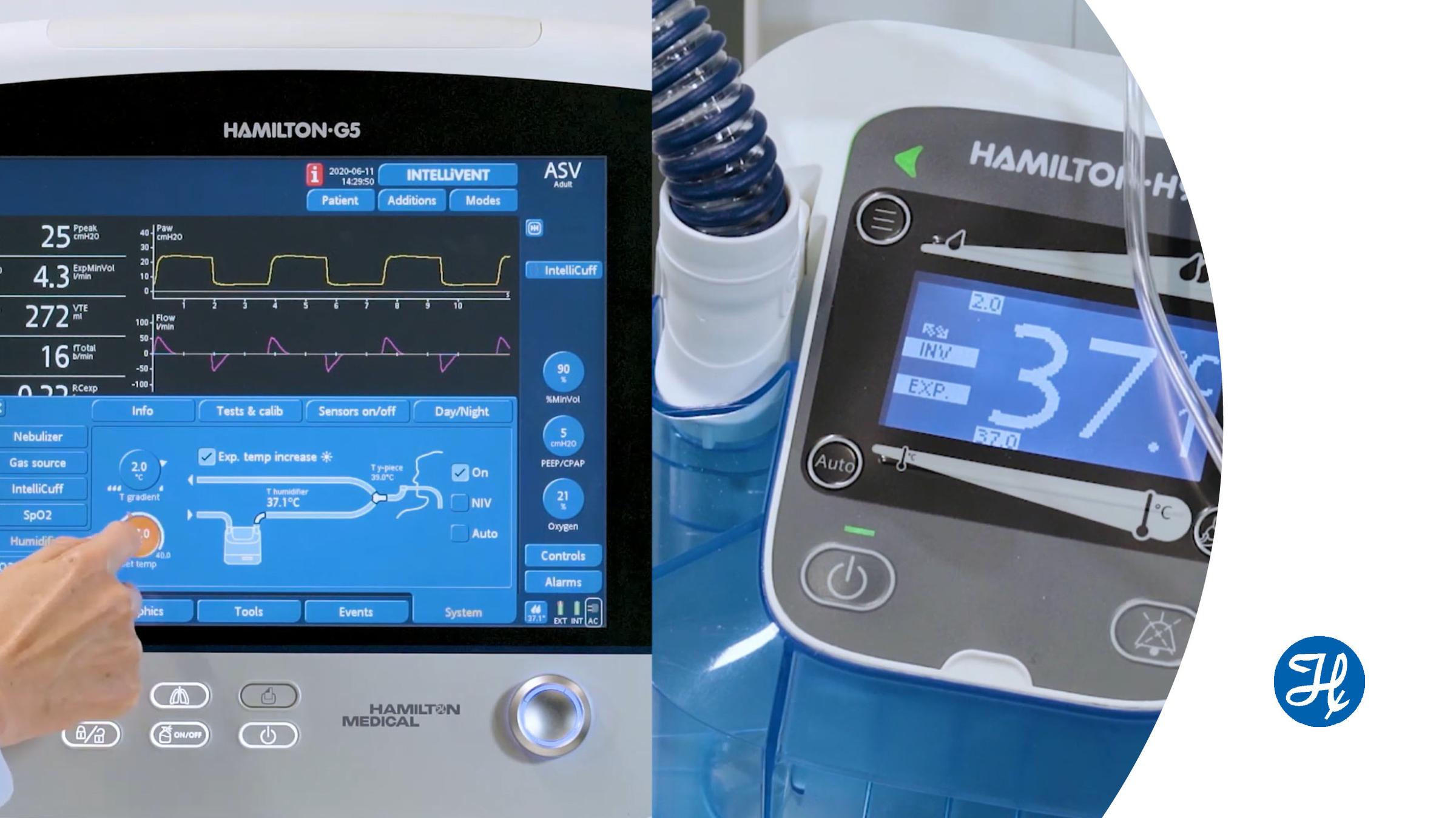 The humidifier remote access enables you to access and manage the HAMILTON-H900 controls and alarms over the ventilator display. In this video we will show you how to use the HAMILTON-H900 humidifier remote access on the HAMILTON-G5 ventilator. It works the same way on any other compatible Hamilton Medical ventilator. 00:11 Introduction Humidifier Remote Access 00:51 Setup and access 01:21 Setting changes 01:52 Alarms 02:17 Event log 02:35 Disclaimer For more information on the HAMILTON-H900 humidifier visit: www.hamilton-h900.com For more information on the HAMILTON-G5 visit: www.hamilton-g5.com