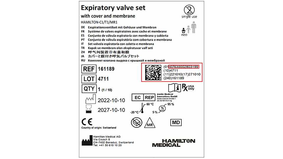 Label showing QR code and GTIN code