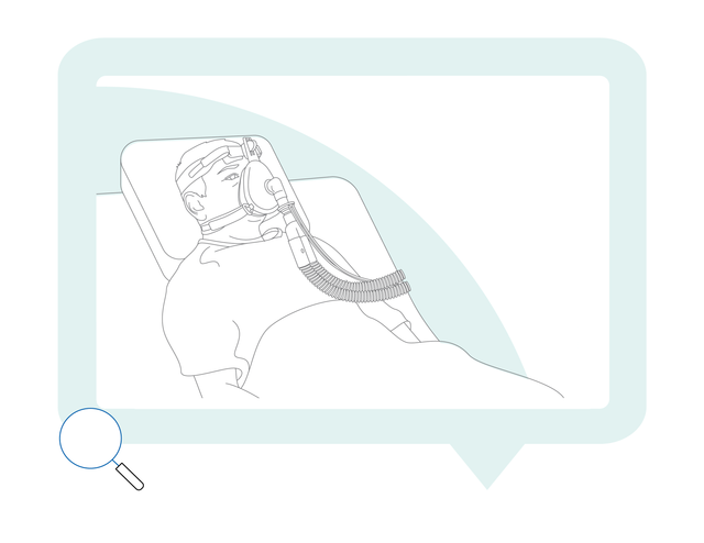 Lineart of patient in bed with NIV mask 