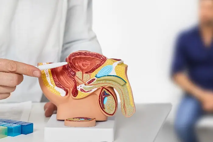 A doctor using an anatomical model to explain a nephrectomy to his patient