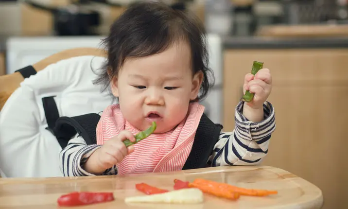 Asian baby boy 6 months old eating with Baby Led Weaning (BLW