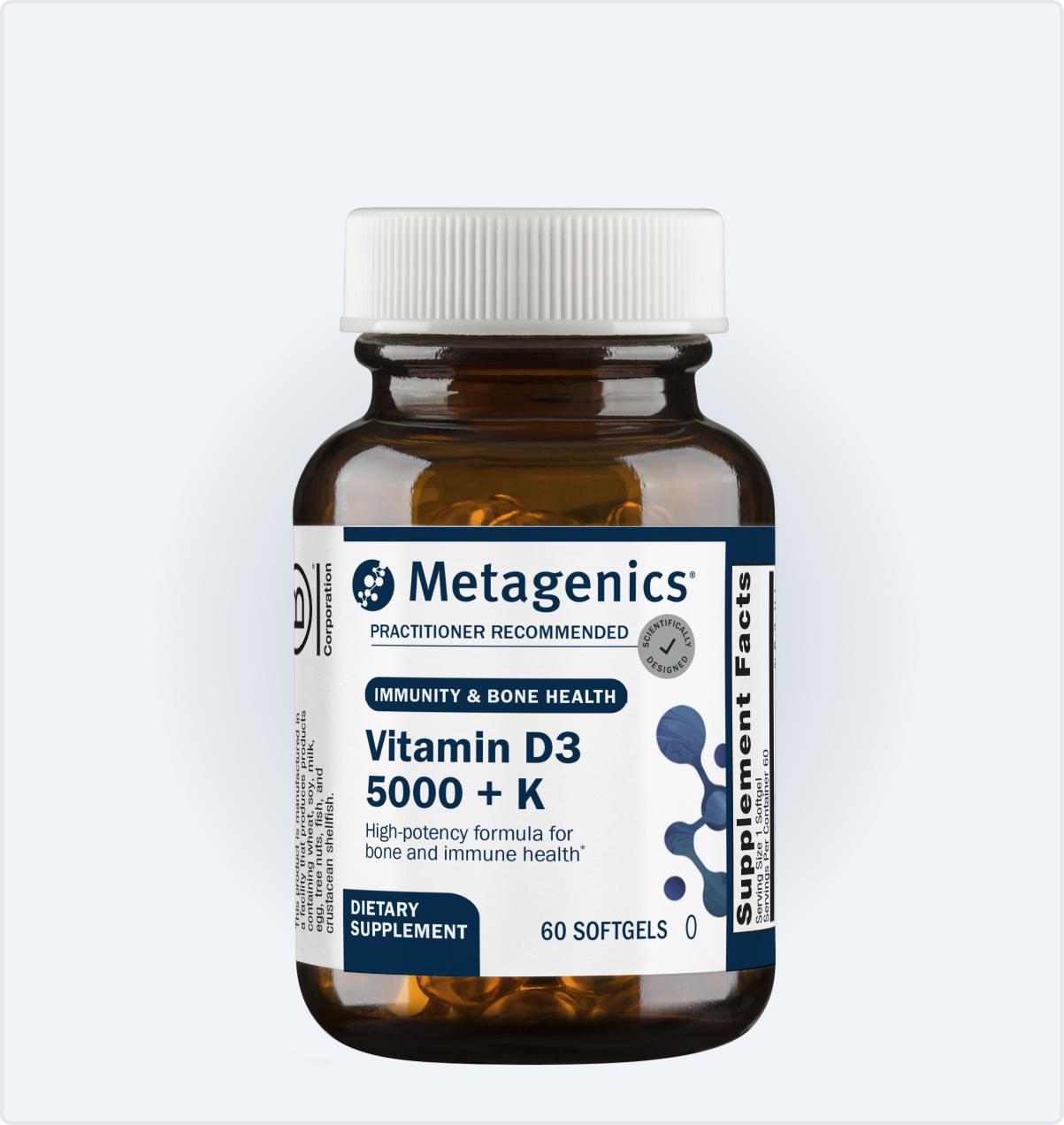 Metagenics Vitamin D3 5000 + K bottle displayed on the Black Friday page, supporting bone, immune, and heart health, available for a limited time at 25% off.