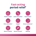 Effects image for HerWellness Rapid Period Relief illustrating 10 symptoms it helps address, including painful cramps, bloating, fatigue, mood swings, and lower back aches.