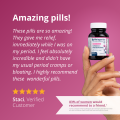 Customer testimonial for HerWellness Rapid Period Relief from Staci, who reports immediate relief from period cramps and bloating. Includes image of her holding the product bottle.