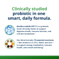 Infographic of key ingredients in UltraFlora® Probiotic + Multivitamin, featuring Bacillus subtilis DE111® for digestive and immune health, and a blend of 19 essential nutrients supporting energy metabolism and overall well-being.