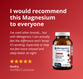 Metagenics Magnesium Glycinate testimonial with 5-star review highlighting improved relaxation and sleep quality.