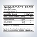 Supplement facts label for Metagenics Vitamin E Mixed Tocopherols—60 softgels, showing detailed ingredients and daily nutrition.