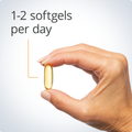 Hand holding OmegaGenics® Fish Oil Mega 10 softgel, indicating a recommended dosage of 1-2 softgels per day for omega-3 support.