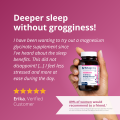 Customer testimonial for HerWellness Recharge Overnight from Erika, who reports deeper sleep without grogginess, reduced stress, and greater calm during the day. Includes image of the bottle held in-hand.