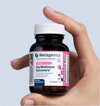 A hand holds a bottle of HerWellness™ Estrovera, a women’s supplement for menopause relief. The label is clearly visible, promoting support for menopause symptom relief including hot flashes, night sweats, and dryness. Featuring Siberian rhubarb extract (ERr 731), this clinically studied formula is designed to ease 12 symptoms in as little as 1–4 weeks—offering natural, targeted support for menopausal and perimenopausal women .