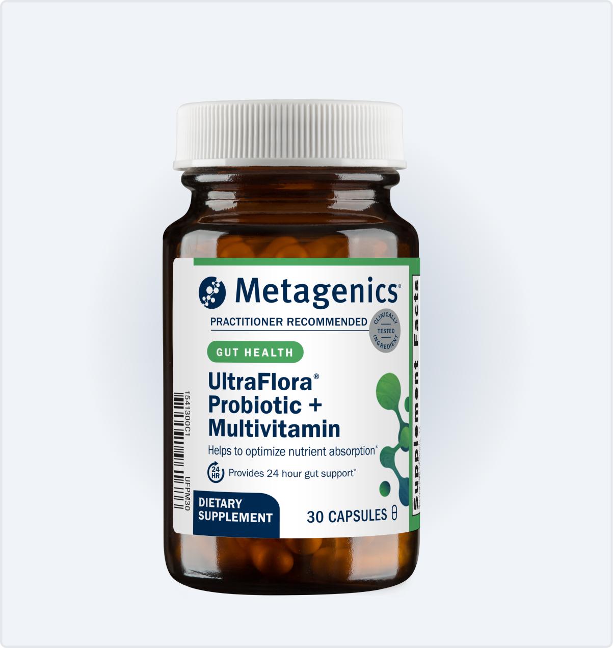 Metagenics UltraFlora Probiotic + Multivitamin bottle featured on the Black Friday page, combining gut, immune, and nutritional support in one formula, available for a limited time at 25% off.