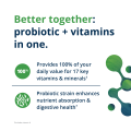 Infographic showing the value of UltraFlora® Probiotic + Multivitamin as a 2-in-1 formula that provides 100% daily value of 17 key nutrients and supports digestive health by enhancing nutrient absorption.