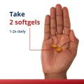 Dosage guidance for Metagenics Rapid Relief image showing a hand holding a softgel with text: '2 softgels 1-2x per day.