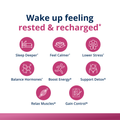 Effects image for HerWellness Recharge Overnight showing eight benefits including deeper sleep, calmness, lower stress, muscle relaxation, balanced hormones, detox support, energy boost, and emotional control.