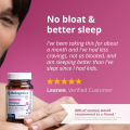 Customer testimonial for HerWellness Naturally Balanced describing how the supplement helped with sleep, focus, and mood. Includes image of the bottle being held in a hand.