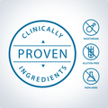 Clinically proven ingredients badge highlighting that the formula is vegetarian, gluten-free, and non-GMO.