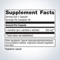 Supplement facts label for Metagenics L-Carnitine—30 capsule, showing detailed ingredients and daily nutrition.