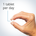 Hand holding a small tablet, indicating a recommended dosage of one tablet per day for bone and immune health.