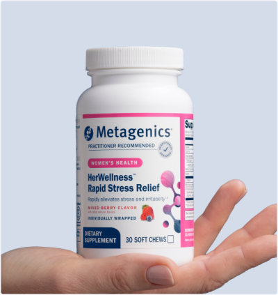 A hand holds a bottle of HerWellness™ Rapid Stress Relief, a women’s health supplement in soft chew form. The label highlights a mixed berry flavor and features natural ingredients like L-theanine for stress relief and natural calm. Designed as an anxiety supplement, it offers fast-acting support for women seeking a gentle, effective way to manage daily stress.