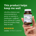 Customer testimonial for UltraFlora® Balance Probiotic from Louise, who shares that the product was doctor-recommended and helped relieve chronic nausea and maintain gut wellness. The bottle is shown being held against a green background.