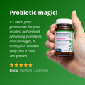 Customer testimonial for UltraFlora® Complete Women’s Probiotic from Erica, who describes it as “probiotic magic” that relieves bloating and brings calm, comparing this probiotic supplement to a "fairy godmother for your insides." The product bottle is shown here.