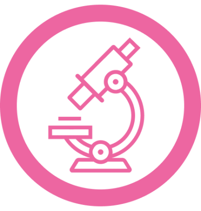 A pink circle encloses a microscope icon, symbolizing scientific testing. This icon represents that HerWellness™ supplements are triple-tested for quality and efficacy.