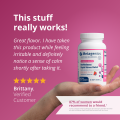 Customer testimonial for HerWellness Rapid Stress Relief from Brittany, who reports noticeable calm shortly after taking the product. Includes image of a woman's hand holding the bottle with 30 individually wrapped soft chews.