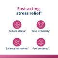 Effects image for HerWellness Rapid Stress Relief highlighting four key benefits: reduce stress, ease irritability, balance hormones, and help you feel more centered.