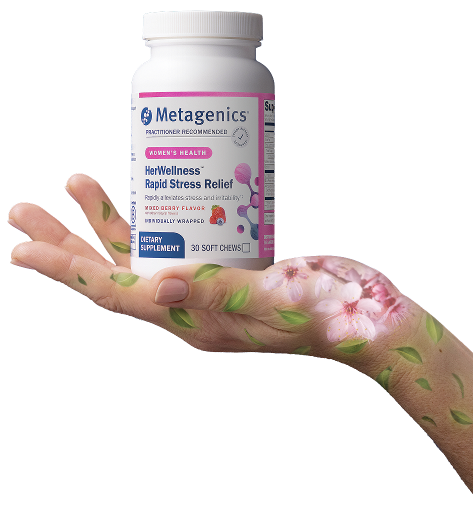 A hand adorned with floral and leaf illustrations holds a bottle of HerWellness™ Rapid Stress Relief. The label is clearly visible, highlighting this women’s health supplement formulated with L-theanine for natural calm and fast-acting stress relief. The image supports customer testimonials praising the product as an effective anxiety supplement 