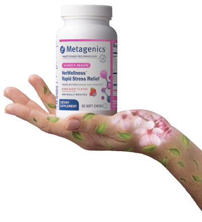 Two hands gently frame a bottle of Metagenics UltraFlora® Balance Probiotic, highlighting the product's trusted support for gut and immune health in a minimal, stylized presentation.