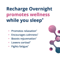 Value image of HerWellness Recharge Overnight listing key benefits of promoting wellness while you sleep—relaxation, calmness, overnight rejuvenation, lower cortisol, and fatigue relief.